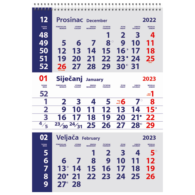Kalendar zidni trodijelni mali 2023.-3 mjesec/listu, spirala