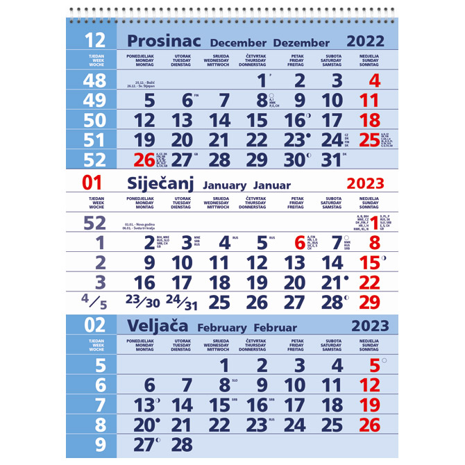 Kalendar zidni trodijelni 2023. sa spiralom plavi