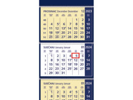 Kalendar zidni trodijelni 2024. s 3 spirale plavi