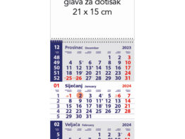 Kalendar zidni trodijelni mali 2024.-3 mjesec/listu, spirala