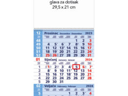 Kalendar zidni trodijelni 2024. sa spiralom plavi