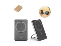 WARSHEL 5. Magnetski power bank kapaciteta 5’000 mAh s 15W superbrzim bežičnim punjačem, izrađen od recikliranog ABS-a (100 % rABS), s postoljem (97142)