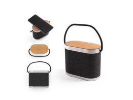 GUETTA. Prijenosni zvučnik od 5 W sa superbrzim bežičnim punjačem od 15 W i trajanjem baterije 2 sata napravljeno od bambusa i recikliranog PET-a (100% rPET) (97183)